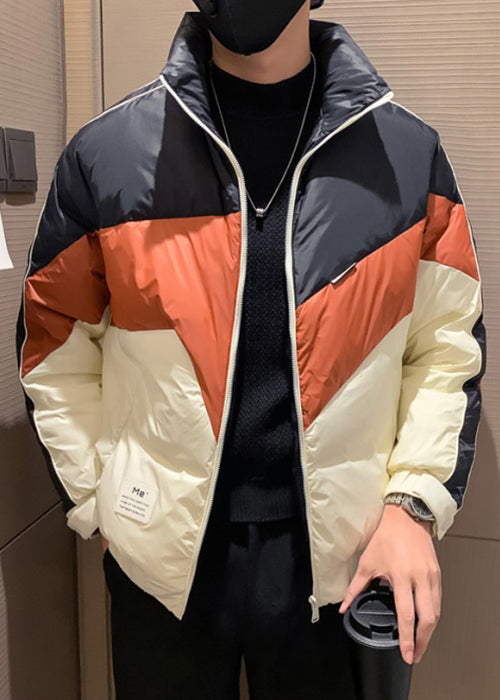 Chic Orange Zip Up Patchwork Duck Down Men Coat Winter