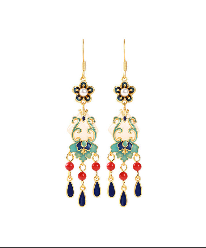 Chic Overgild Jade Cloisonne Peal Floral Drop Earrings