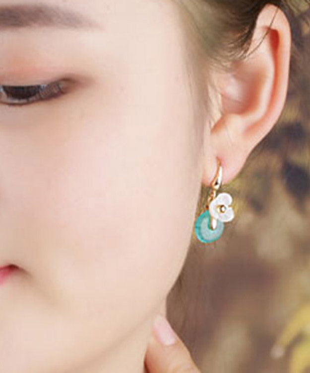 Chic Peacock Blue Jade Shell Floral Drop Earrings