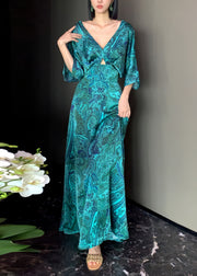 Chic Peacock Blue V Neck Print Satin Maxi Dress Short Sleeve