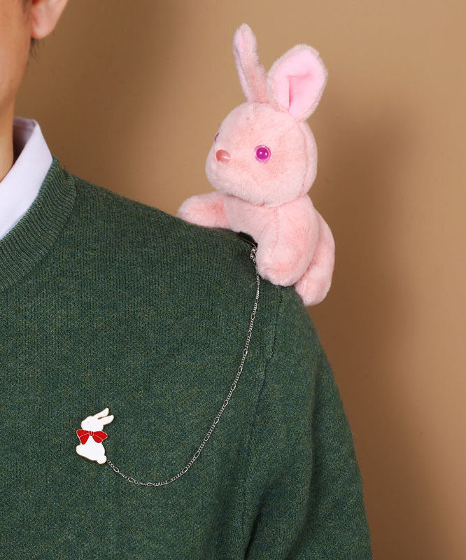 Chic Pink Alloy Chain Plush Rabbit Brooches