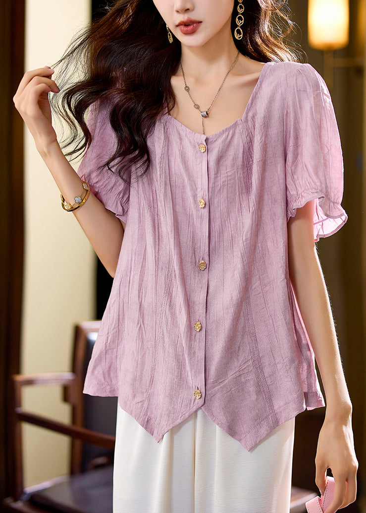 Chic Pink Asymmetrical Button Chiffon Shirt Short Sleeve