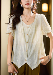 Chic Pink Asymmetrical Button Chiffon Shirt Short Sleeve