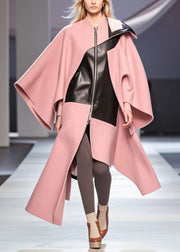 Chic Pink Asymmetrical Patchwork Woolen Loose Coat Fall