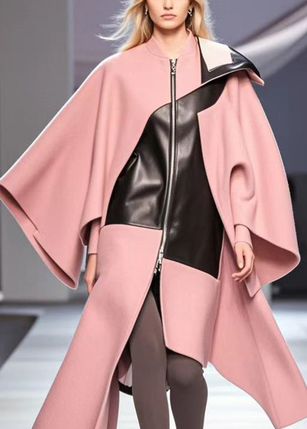 Chic Pink Asymmetrical Patchwork Woolen Loose Coat Fall