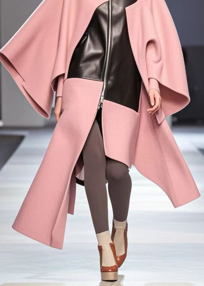 Chic Pink Asymmetrical Patchwork Woolen Loose Coat Fall