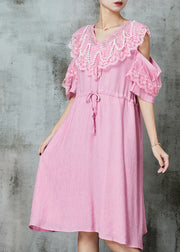 Chic Pink Cold Shoulder Patchwork Chiffon Holiday Dress Summer