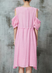 Chic Pink Cold Shoulder Patchwork Chiffon Holiday Dress Summer