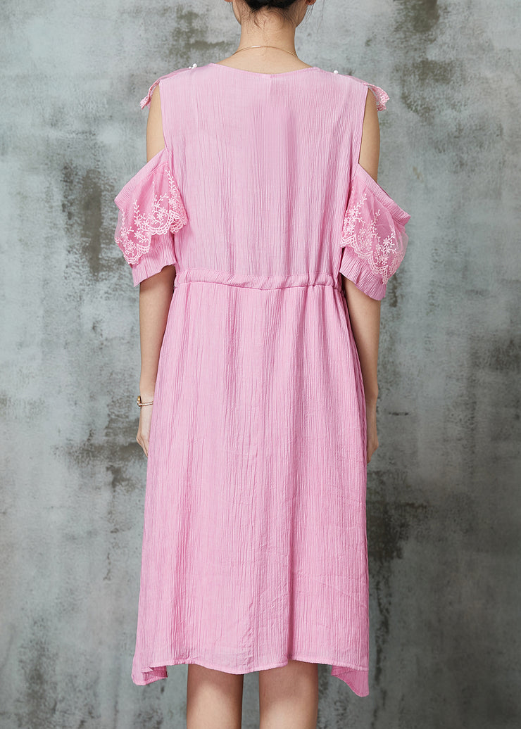 Chic Pink Cold Shoulder Patchwork Chiffon Holiday Dress Summer