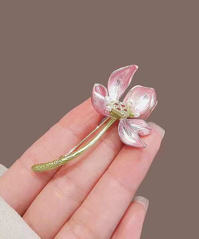 Chic Pink Copper Alloy Pearl Lotus Brooches