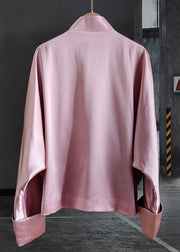 Chic Pink Embroideried Chinese Button Patchwork Silk Coat Spring