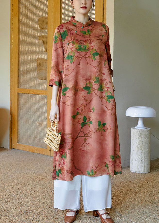 Chic Pink Mandarin Collar Button Print Silk Cheongsam Dress Bracelet Sleeve