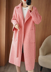 Chic Pink Notched Tie Waist Woolen Maxi Coat Fall