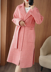 Chic Pink Notched Tie Waist Woolen Maxi Coat Fall