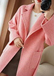 Chic Pink Notched Tie Waist Woolen Maxi Coat Fall