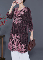 Chic Pink O-Neck Embroideried Silk Vacation Dresses Bracelet Sleeve