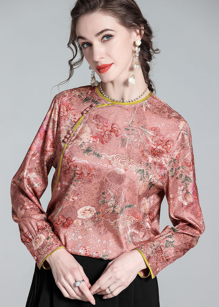 Chic Pink O Neck Jacquard Chinese Button Patchwork Silk Shirt Spring