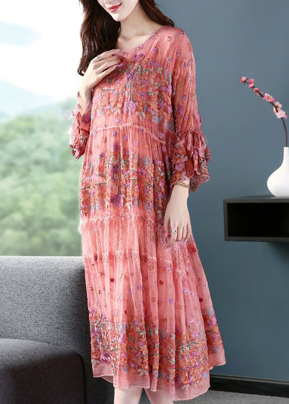 Chic Pink O-Neck Oversized Embroideried Silk Dresses Flare Sleeve