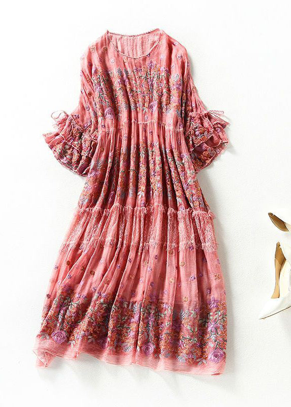 Chic Pink O-Neck Oversized Embroideried Silk Dresses Flare Sleeve