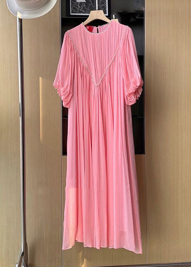 Chic Pink O-Neck Wrinkled Nail Bead Long Traveling Dresses Spring