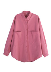 Chic Pink Peter Pan Collar Button Pockets Shirts Long Sleeve