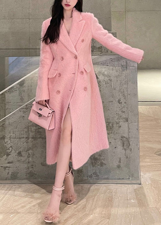 Chic Pink Peter Pan Collar Double Breast Patchwork Woolen Coat Winter