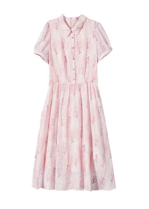 Chic Pink Peter Pan Collar Print Chiffon Shirts Dress Short Sleeve