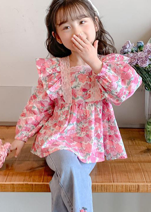 Chic Pink Ruffled Button Print Cotton Girls Shirt Long Sleeve