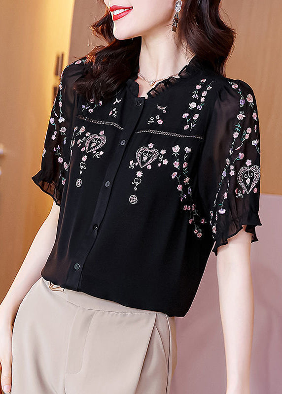 Chic Pink Ruffled Embroidered Silk Shirt Summer