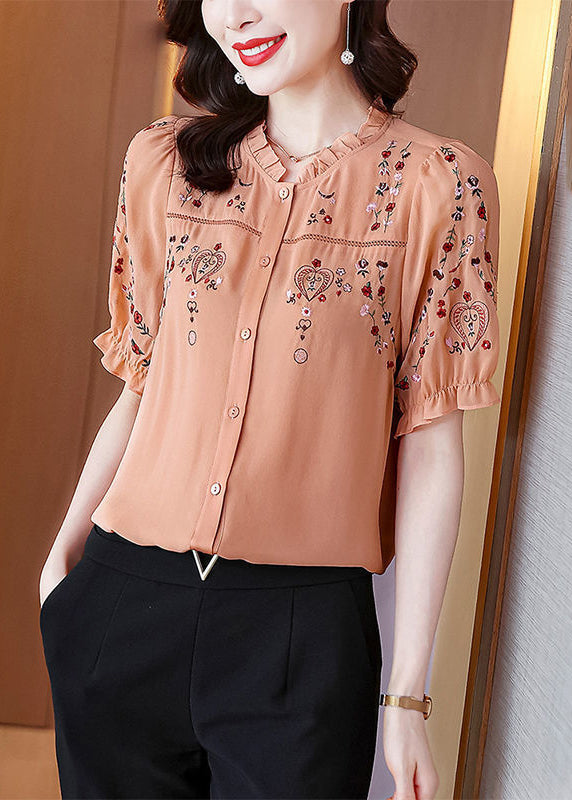 Chic Pink Ruffled Embroidered Silk Shirt Summer