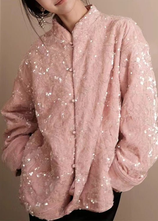 Chic Pink Sequins Button Silk Velvet Coats Long Sleeve