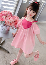 Chic Pink Slash Neck Wrinkled Cotton Slip Mid Dress Sleeveless