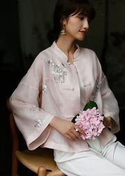 Chic Pink Stand Collar Embroideried Floral Button Top Long Sleeve