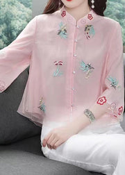 Chic Pink Stand Collar Embroideried Patchwork Chiffon Tops Summer