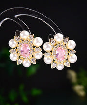 Chic Pink Sterling Silver Crystal Pearl Zircon Stud Earrings