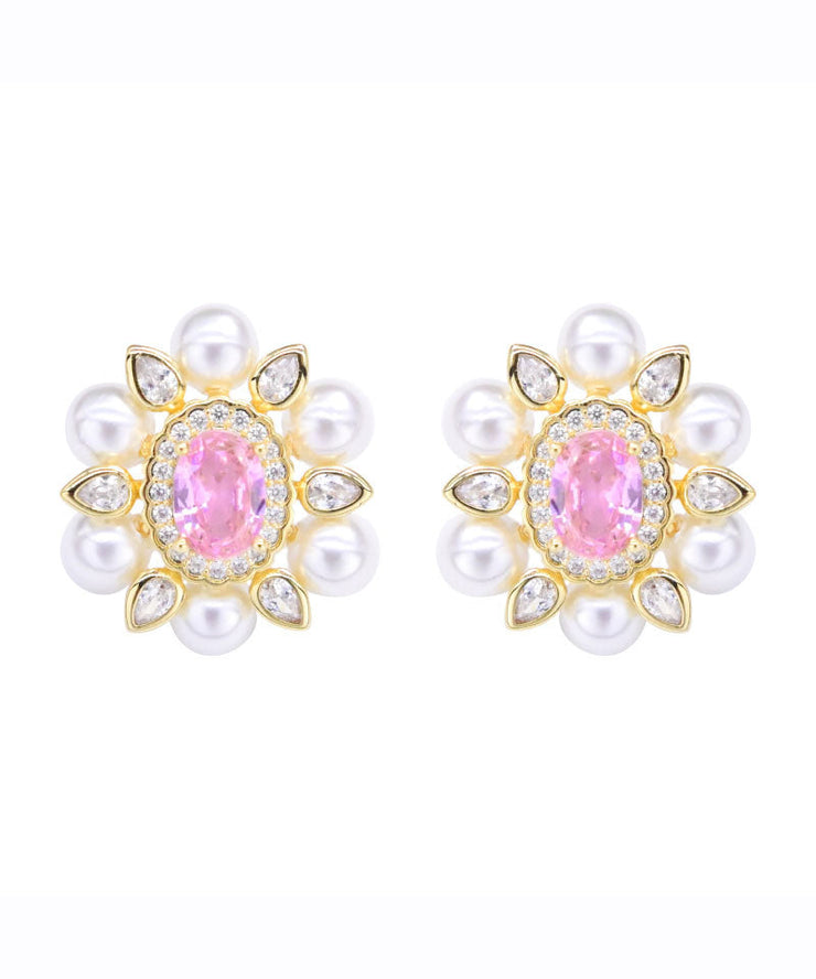 Chic Pink Sterling Silver Crystal Pearl Zircon Stud Earrings