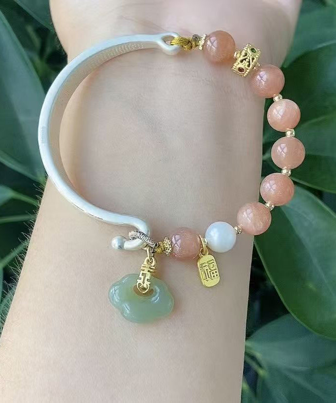 Chic Pink Sterling Silver Inlaid Jade Auspicious Clouds Charm Bracelet