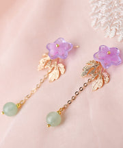 Chic Pink Sun Flower Crystal Fine Jade 14K Gold Tassel Drop Earrings