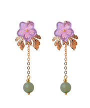 Chic Pink Sun Flower Crystal Fine Jade 14K Gold Tassel Drop Earrings