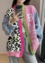 Chic Pink V Neck Print Denim Patchwork Knit Cardigan Spring