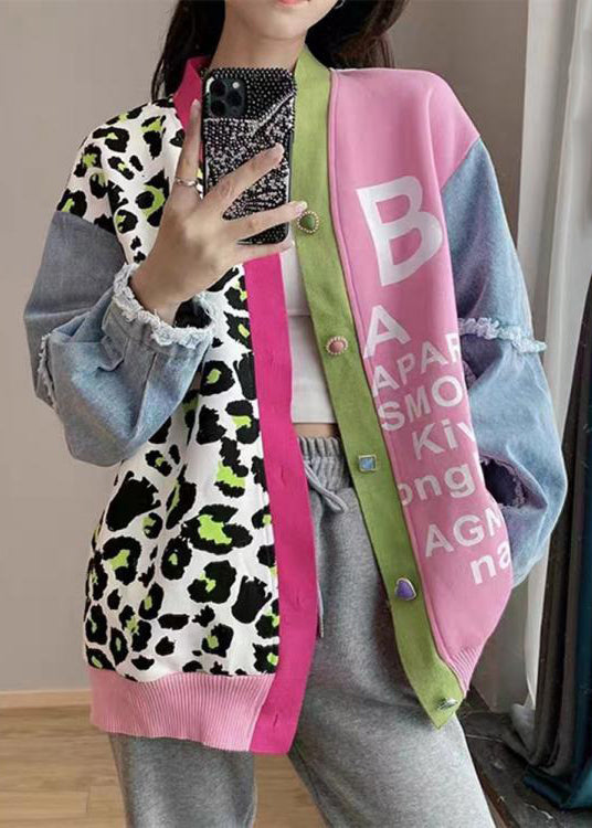 Chic Pink V Neck Print Denim Patchwork Knit Cardigan Spring