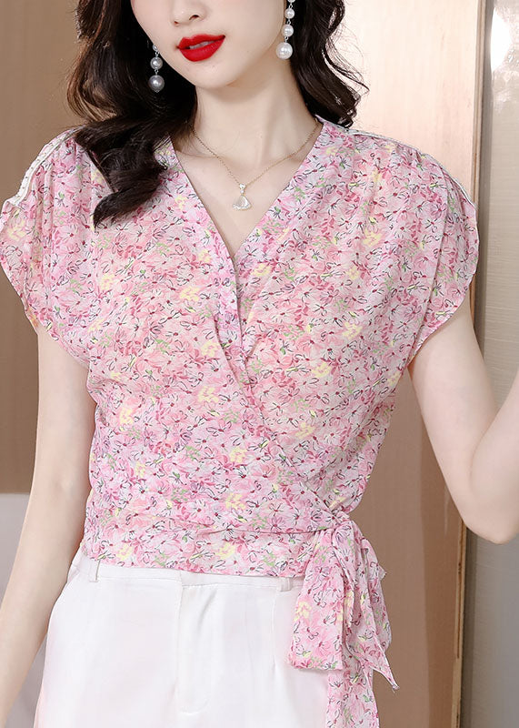 Chic Pink V Neck Print Patchwork Chiffon Top Summer