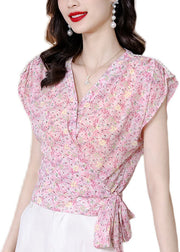 Chic Pink V Neck Print Patchwork Chiffon Top Summer