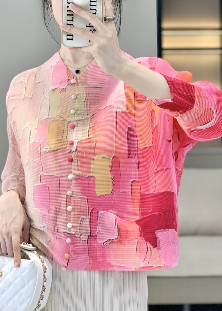 Chic Pink Wrinkled Button Pockets Blouses Fall