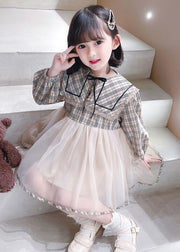 Chic Plaid Peter Pan Collar Tulle Patchwork Girls Dresses Long Sleeve