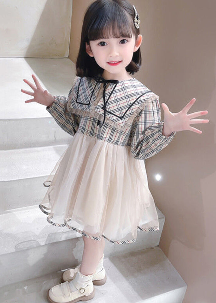 Chic Plaid Peter Pan Collar Tulle Patchwork Girls Dresses Long Sleeve