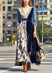 Chic Print Patchwork Exra Large Hem Silk Velvet Long Dresses Spring