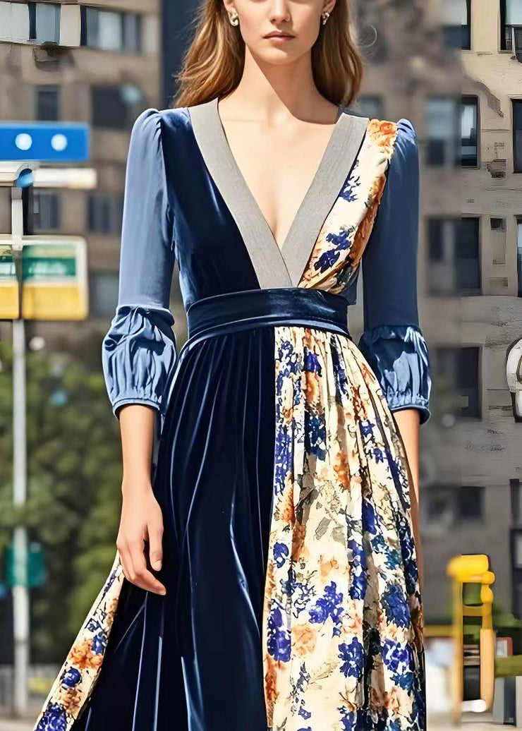 Chic Print Patchwork Exra Large Hem Silk Velvet Long Dresses Spring