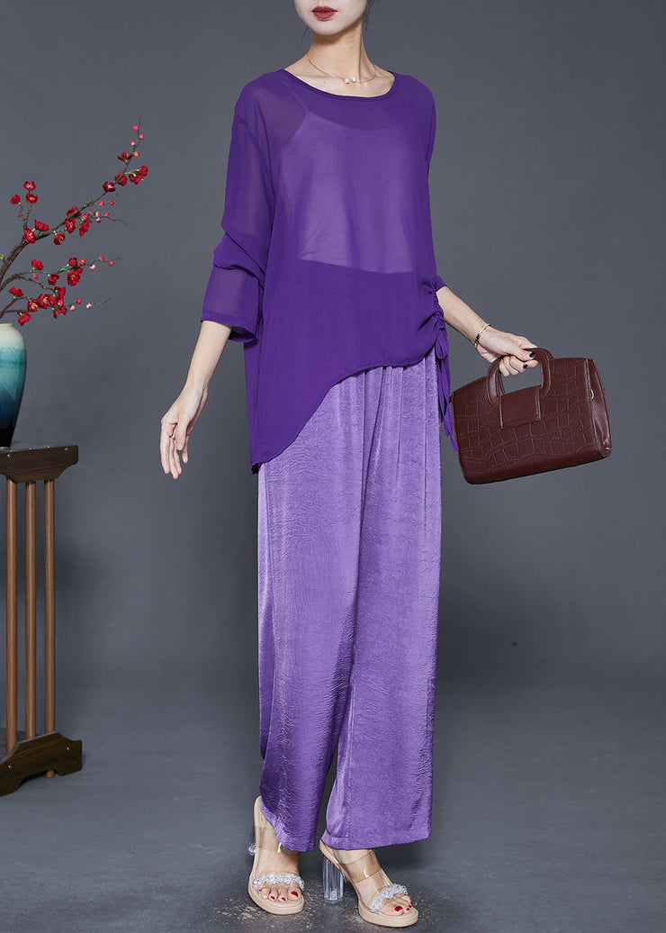 Chic Purple Asymmetrical Cinched Chiffon Two Pieces Set Fall