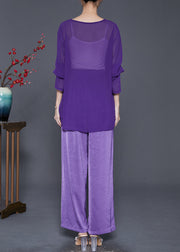 Chic Purple Asymmetrical Cinched Chiffon Two Pieces Set Fall